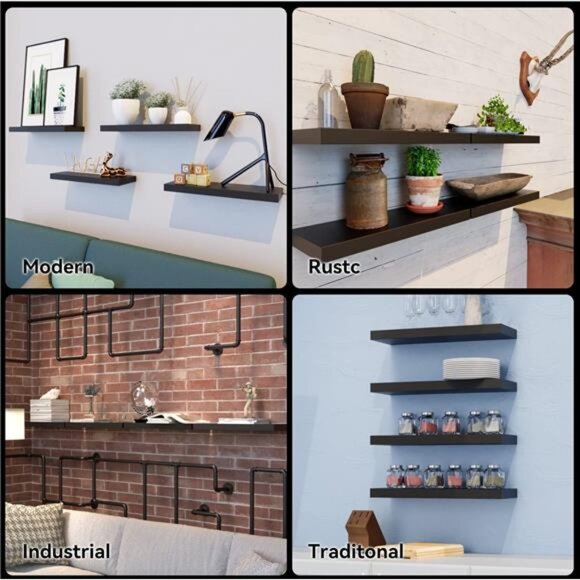 Black Floating Shelves for Wall, 4 Sets Room Storage Shelves, Display Shelves - Picture 5 of 7
